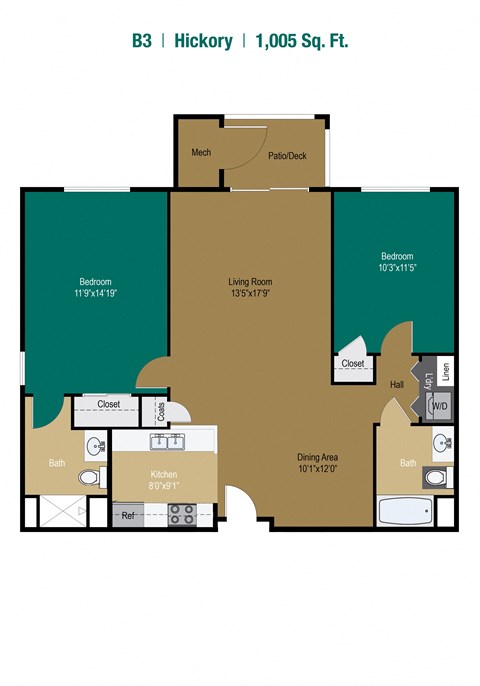 Floor plan for 2 beds, 2 baths, 1005 sqft